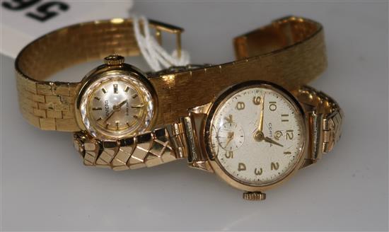 A ladys 18ct gold Enicar wrist watch on an 18ct gold bracelet and a similar 9ct Certina watch on plated bracelet.